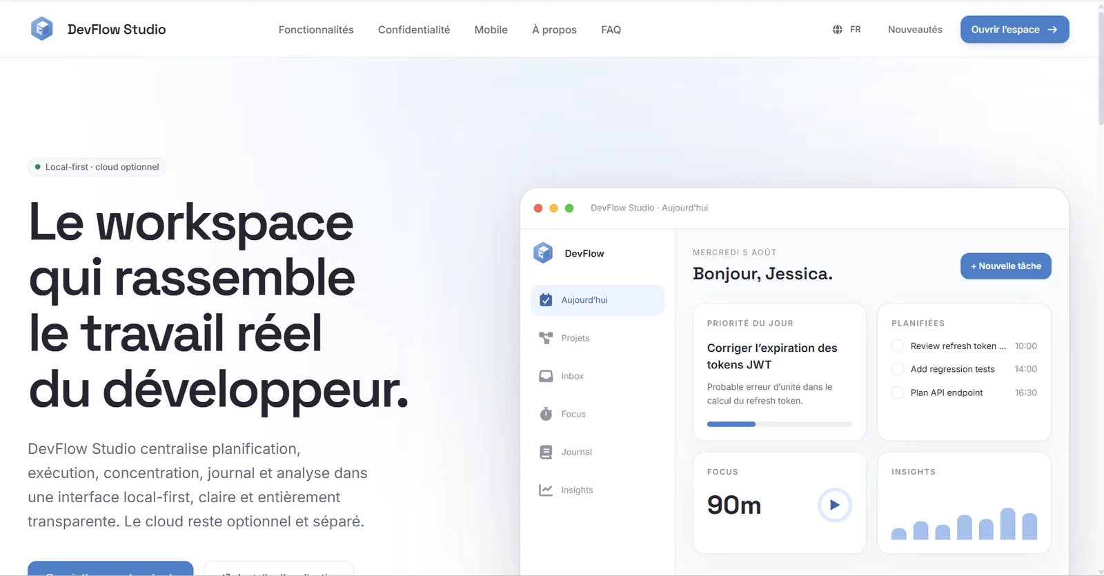 DevFlow Studio public website presenting the local-first developer workspace