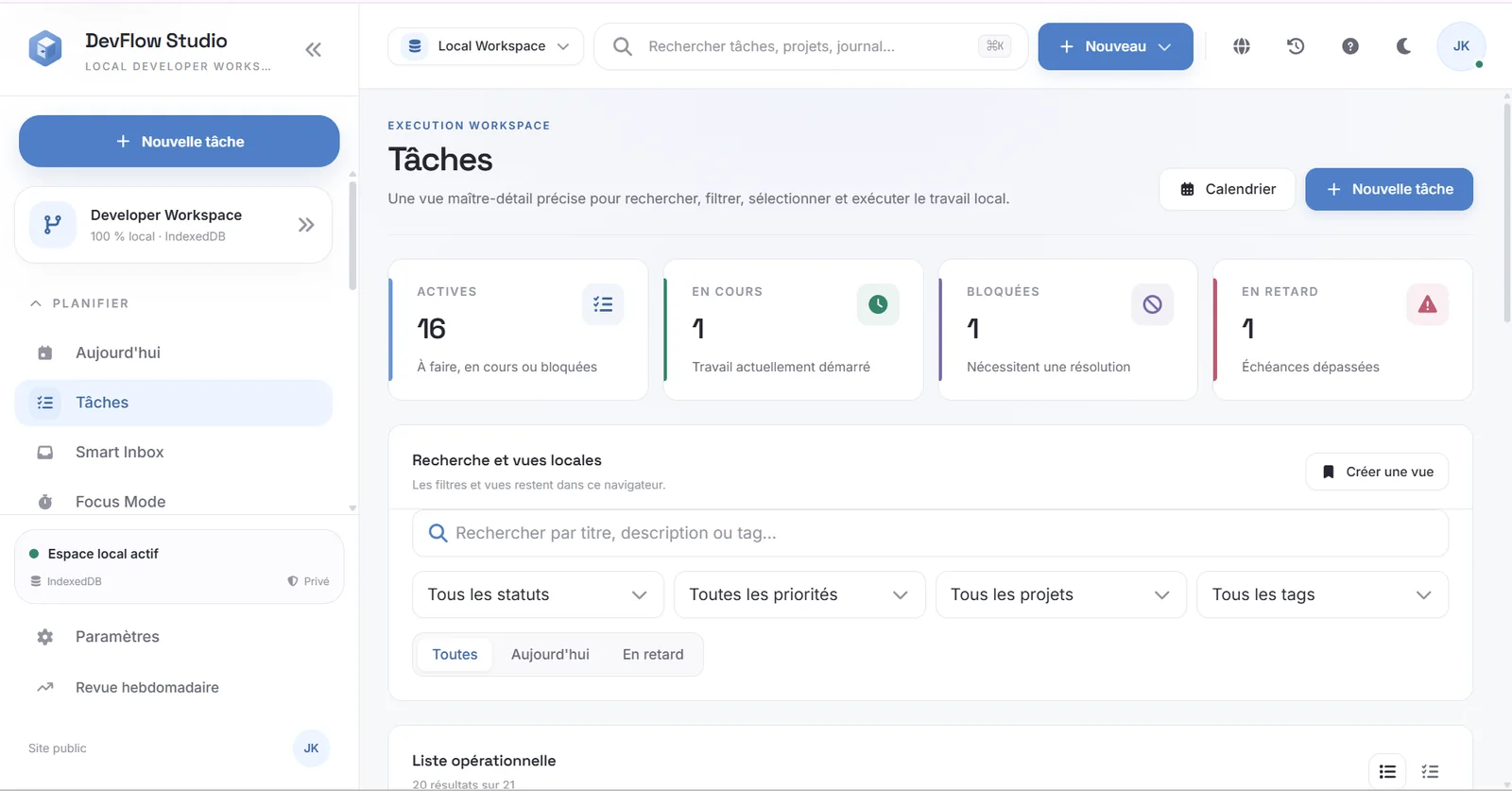 DevFlow Studio task management page with status metrics, search and filters