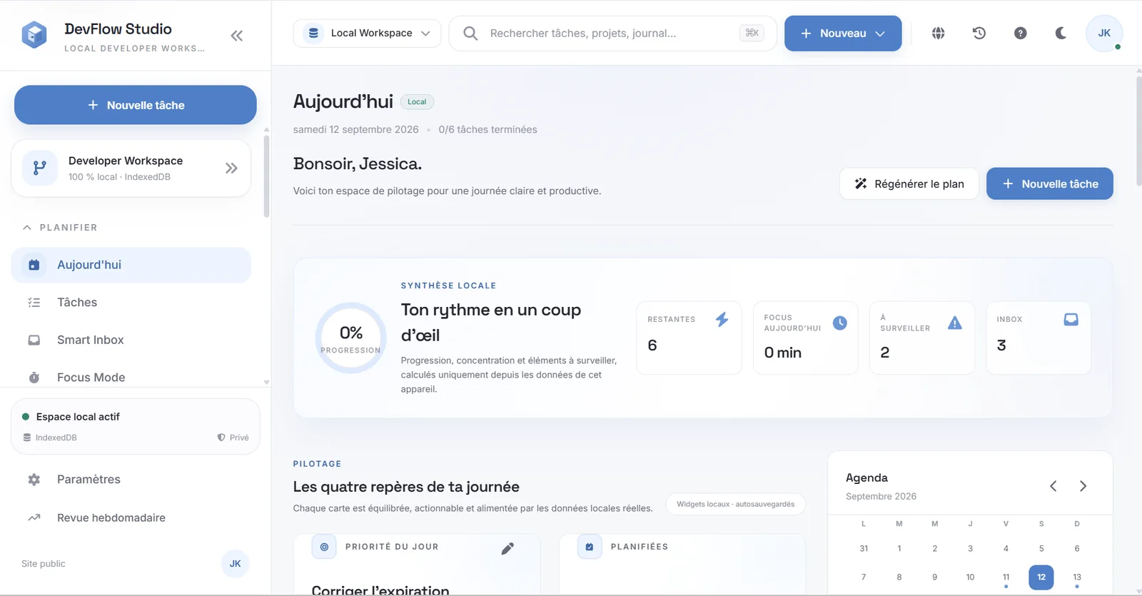 DevFlow Studio Today dashboard with local workspace summary, priorities, focus and agenda