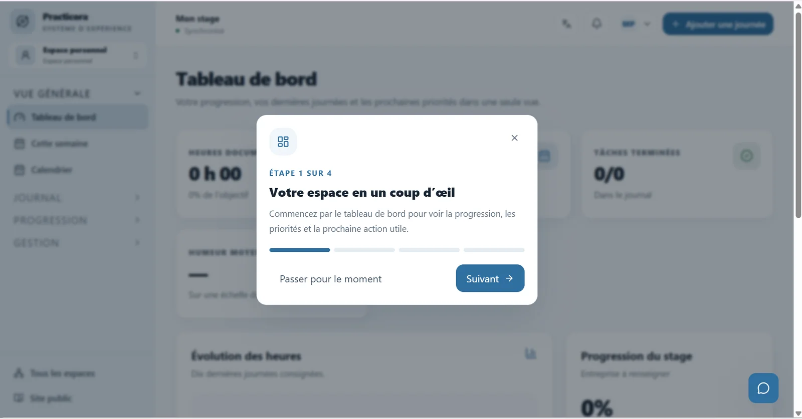 Practicora onboarding modal introducing the student dashboard in four steps