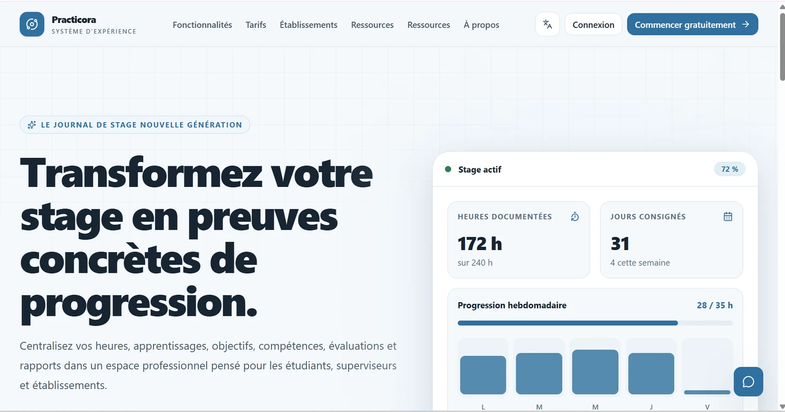 Practicora public website presenting internship progress and documented evidence
